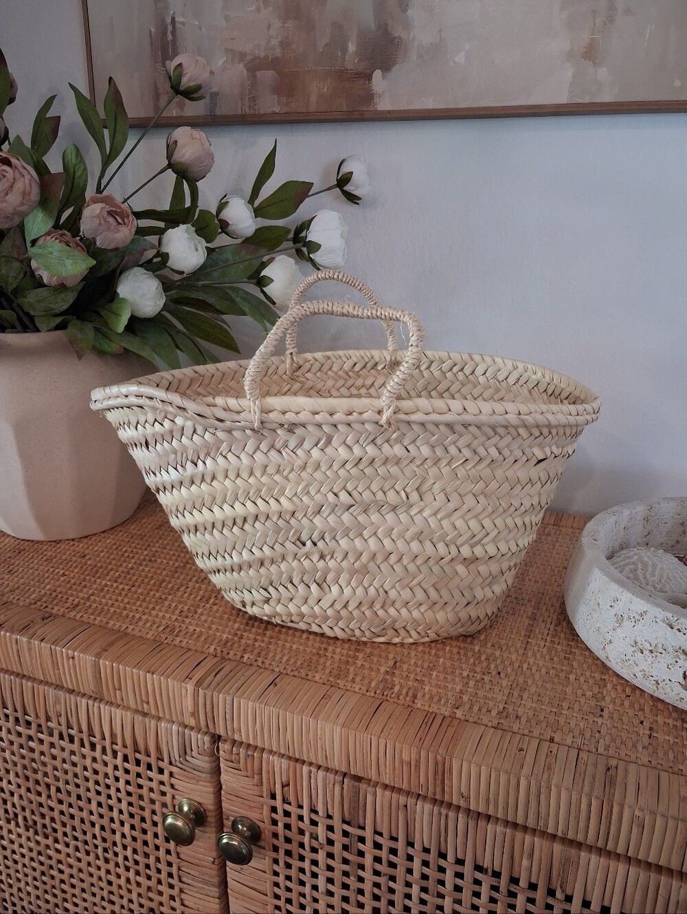 🤎🤍Made In Marrakesh, Morocco Handwoven Natrual Straw Market Basket Handbag🤍🤎